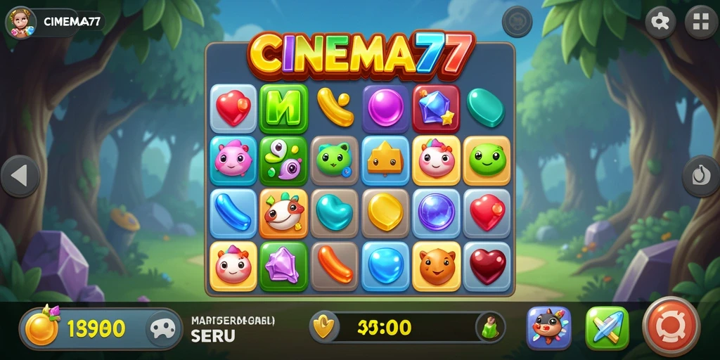Tangkapan layar gameplay CINEMA77 menunjukkan keseruan mencocokkan item Match-3.